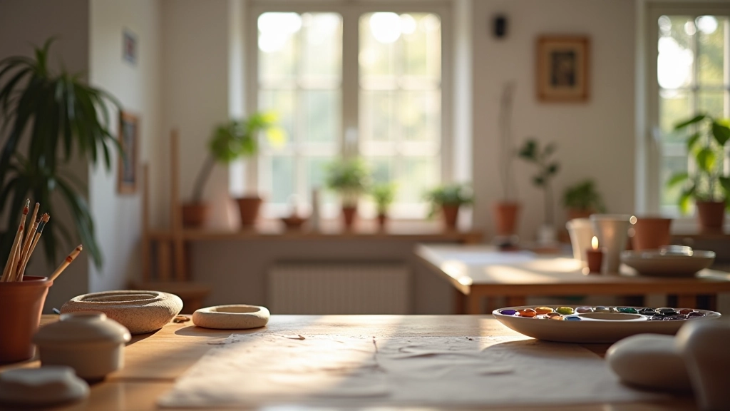 Art studio workspace with watercolor palettes, clay sculptures, and sewing materials arranged on wooden tables, bright natural lighting from large windows