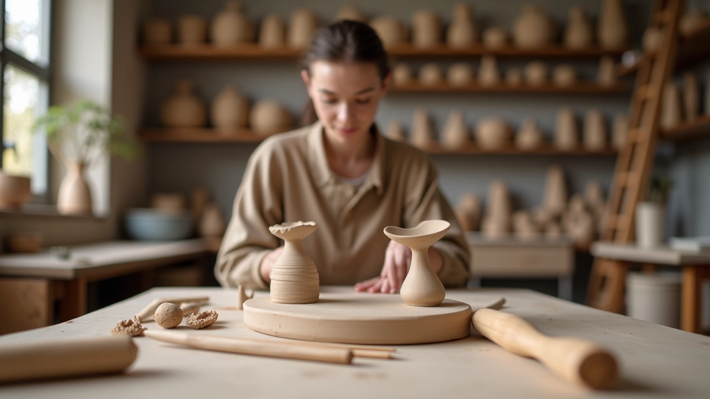 Clay modeling workspace with earthenware clay, sculpting tools, and finished pottery pieces