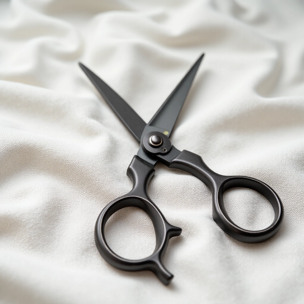 Close-up of premium fabric scissors with ergonomic metal handles, sharp blades reflected in studio light, on natural fabric background