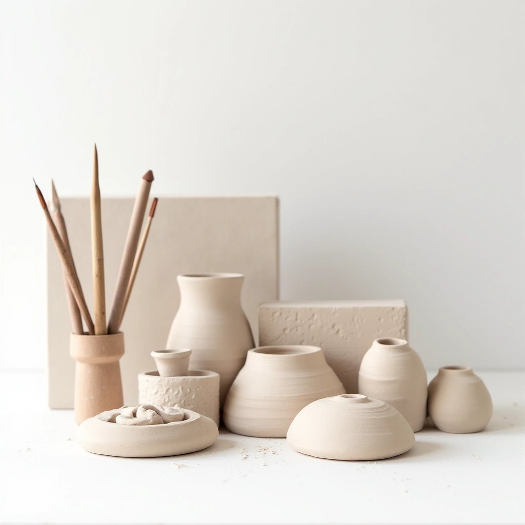 Natural earthenware clay kit with sculpting tools arranged neatly, mound of clay visible, plain white background, studio lighting