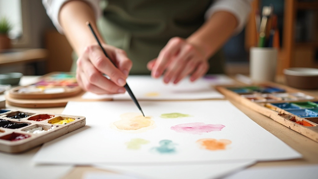 Watercolor painting workshop setup with professional paints and brushes