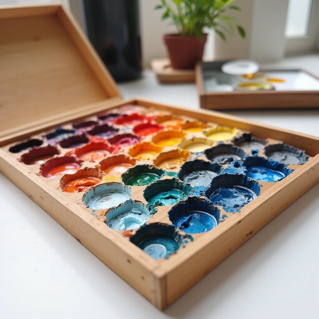 Close-up detail of watercolor palette showing pigment arrangement with visible color swatches and mixing wells in natural wooden case