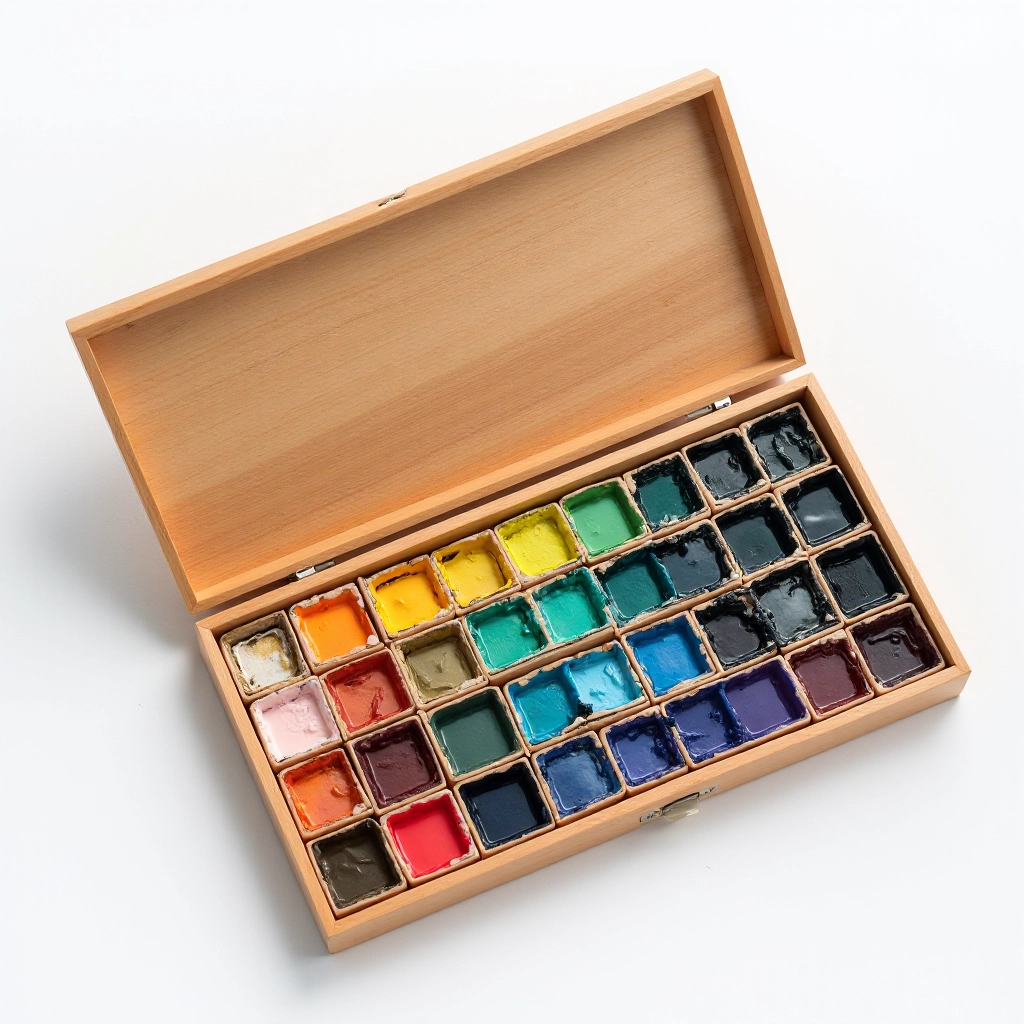 Professional watercolor palette with 36 vibrant pigments in wooden case, arranged in rows with sharp color detail
